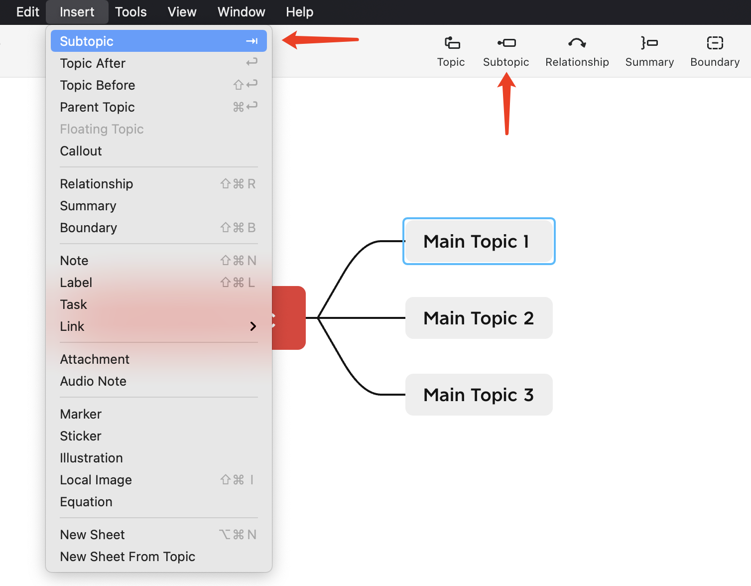 Menu interface showing options for inserting subtasks and topics in a mind mapping tool with labeled sections.