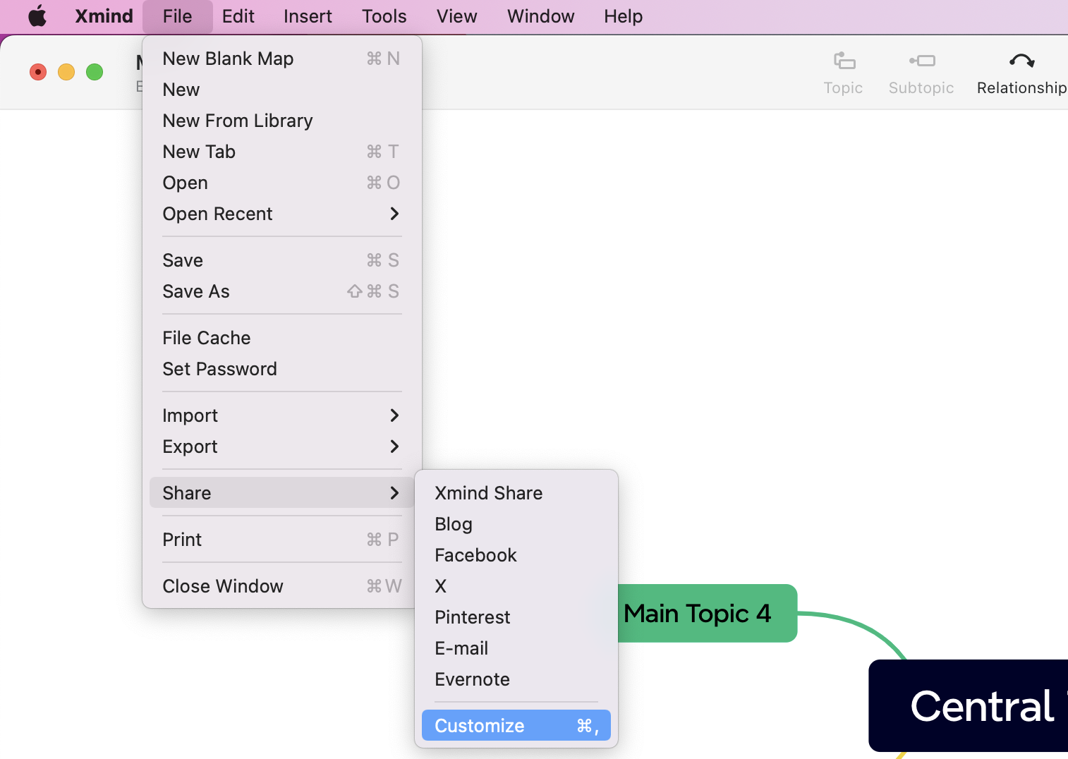 Xmind application interface displaying the File menu with sharing options and a mind map featuring “Main Topic 4.