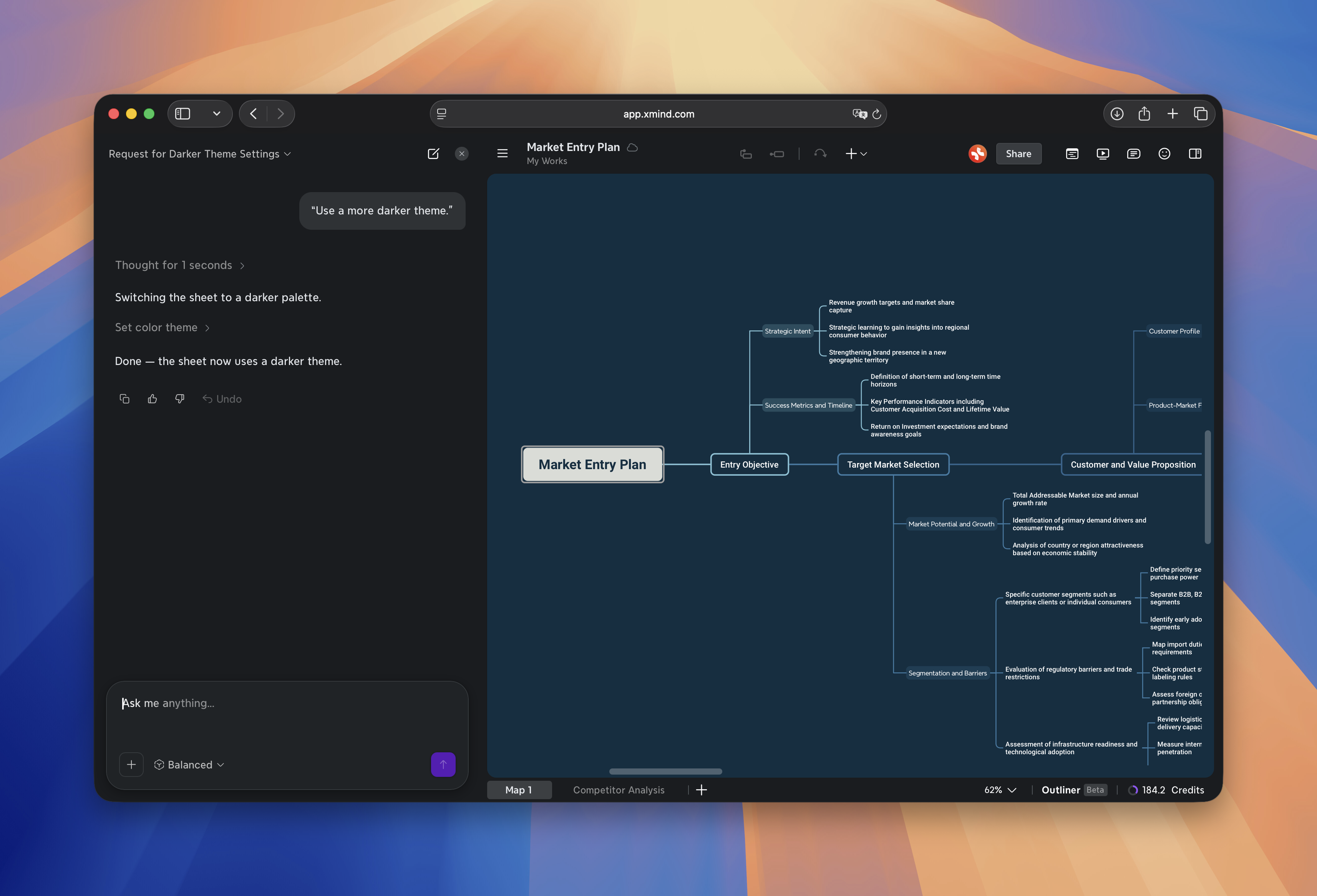Xmind AIは、マインドマップ全体に、よりダークでプロフェッショナルなテーマを適用します。