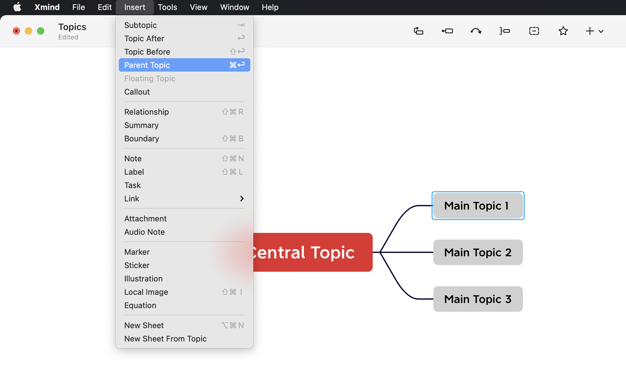 Dropdown menu from Xmind software showing options for topics, including “Parent Topic” and various note types.