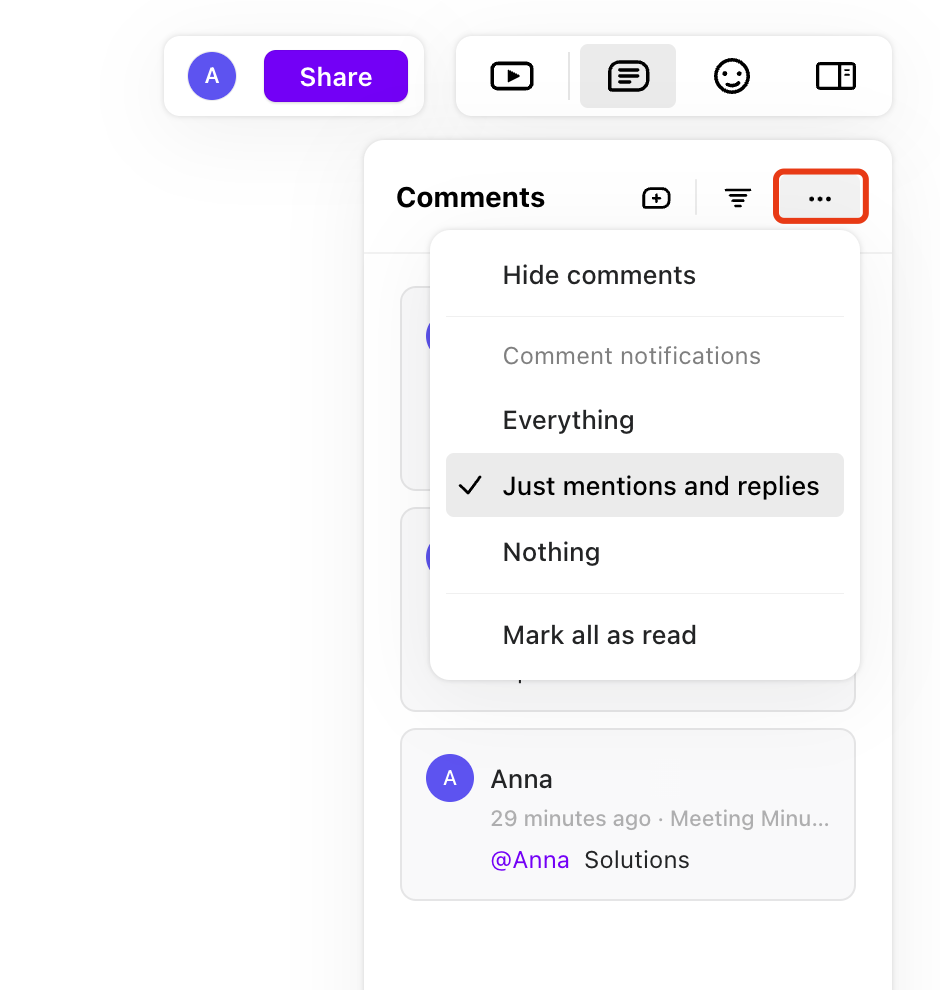 Menu déroulant affichant les paramètres des commentaires, avec « Mentions et réponses uniquement » sélectionné parmi d’autres options.