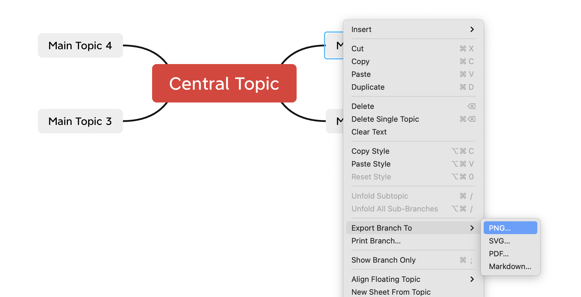 Mind map export and print options displayed