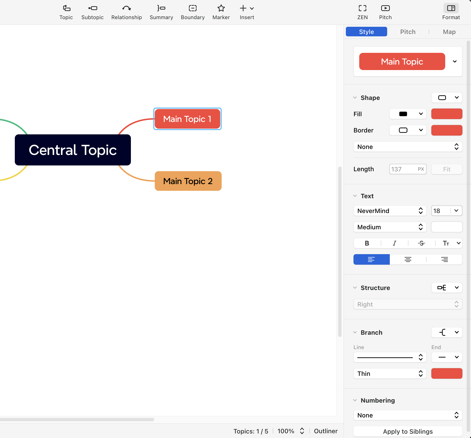 Interface des options de style des cartes mentales Xmind