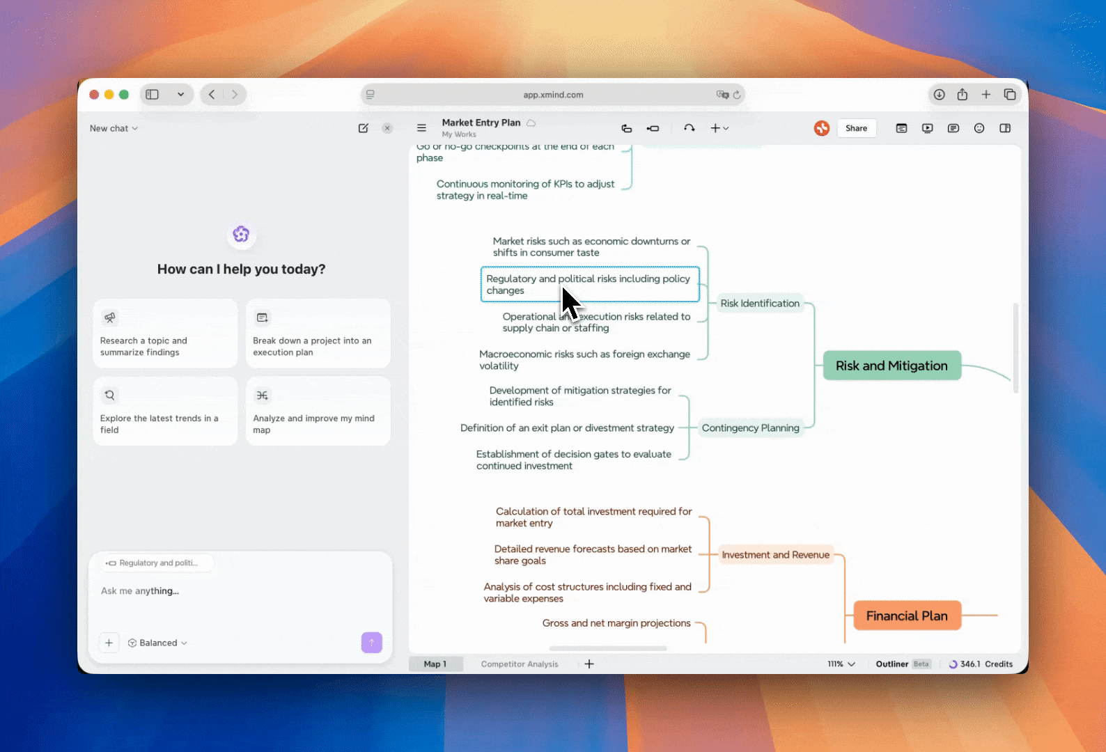 Xmind AIがオンラインで検索し、チャット内で情報源とともに発見を返す様子を表示します。その後、発見が整理されたブランチとしてマップに追加される様子を表示します。