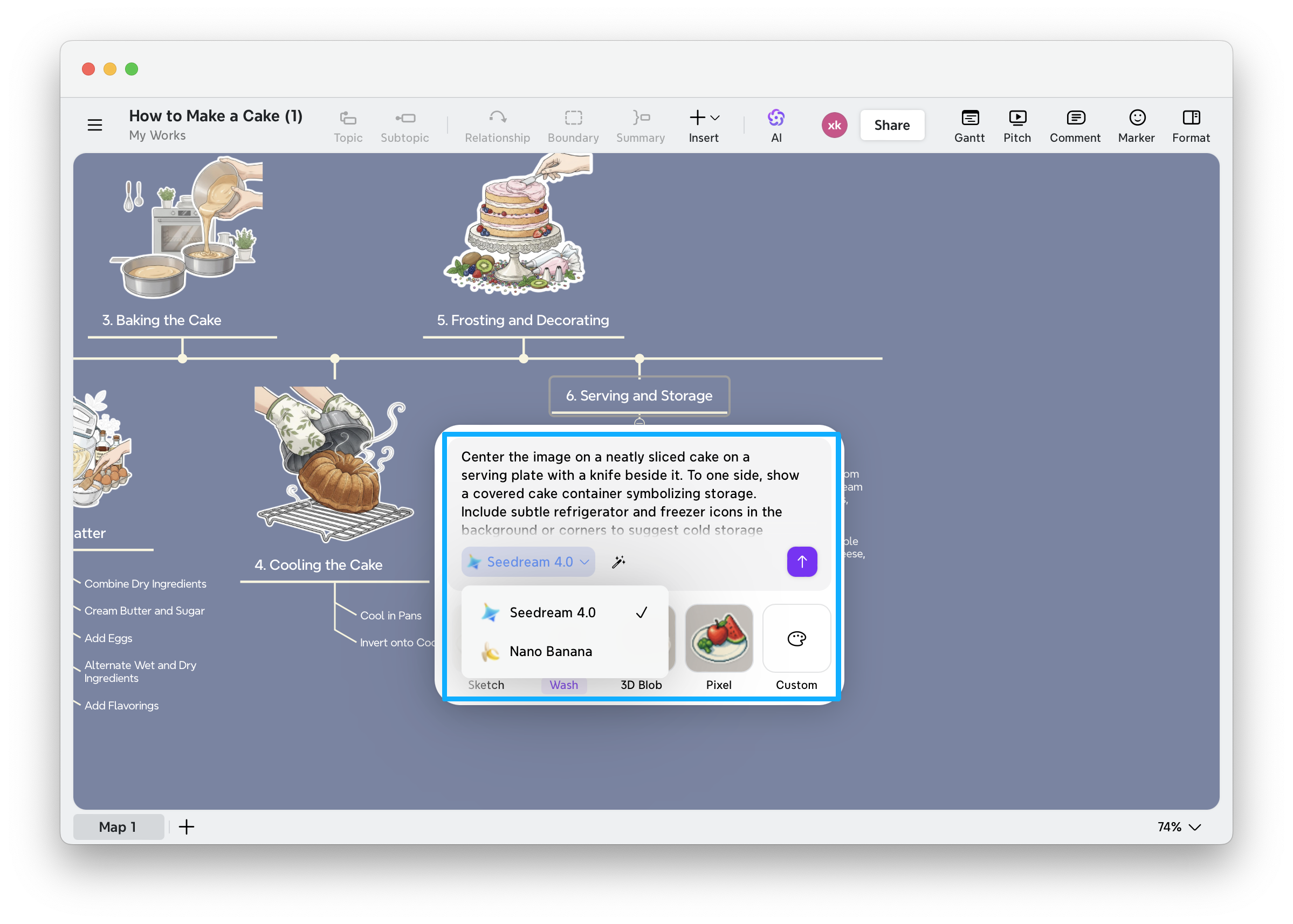 Mind map showing cake-making steps with AI image generation dialog box open.