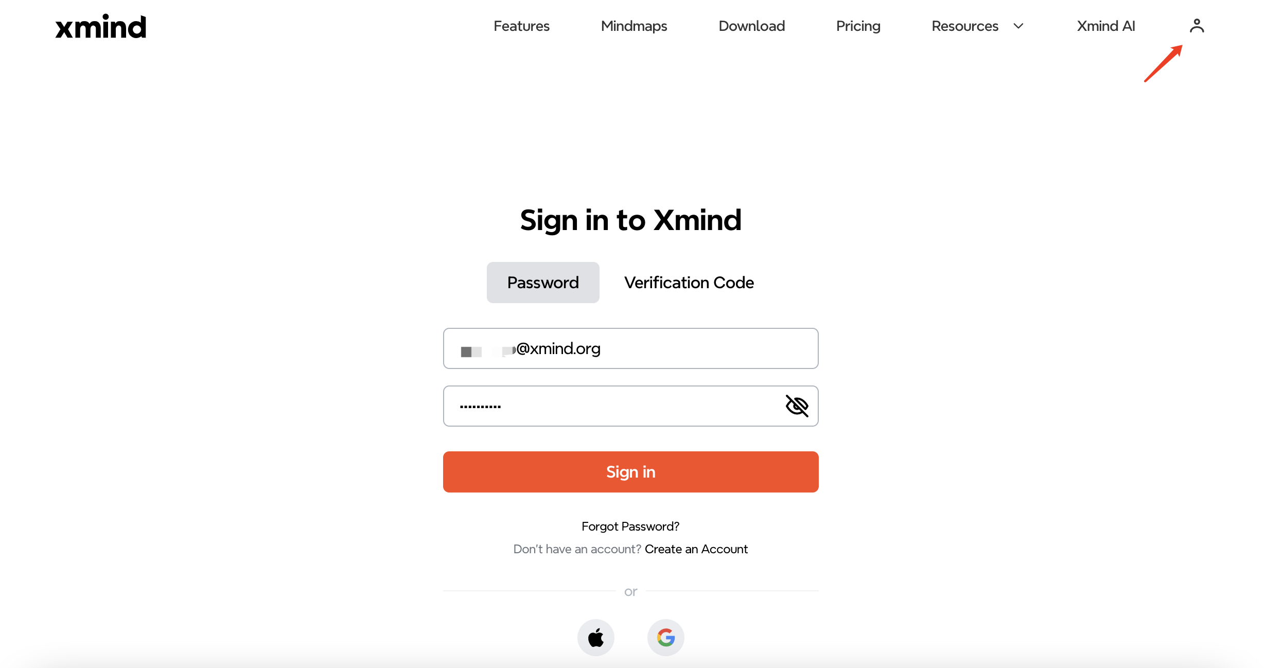 Página de inicio de sesión de Xmind con campos para correo electrónico y contraseña, y botones para iniciar sesión o crear una cuenta.