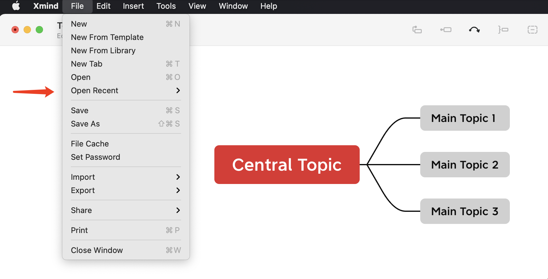Menu showing options under ‘File’ with ‘Open Recent’ highlighted, plus a mind map featuring a central topic and main topics.