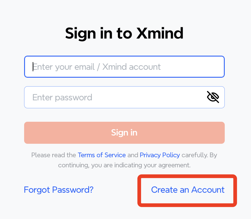 Página de inicio de sesión de Xmind con campos para correo electrónico y contraseña, y opciones para iniciar sesión o crear una cuenta.