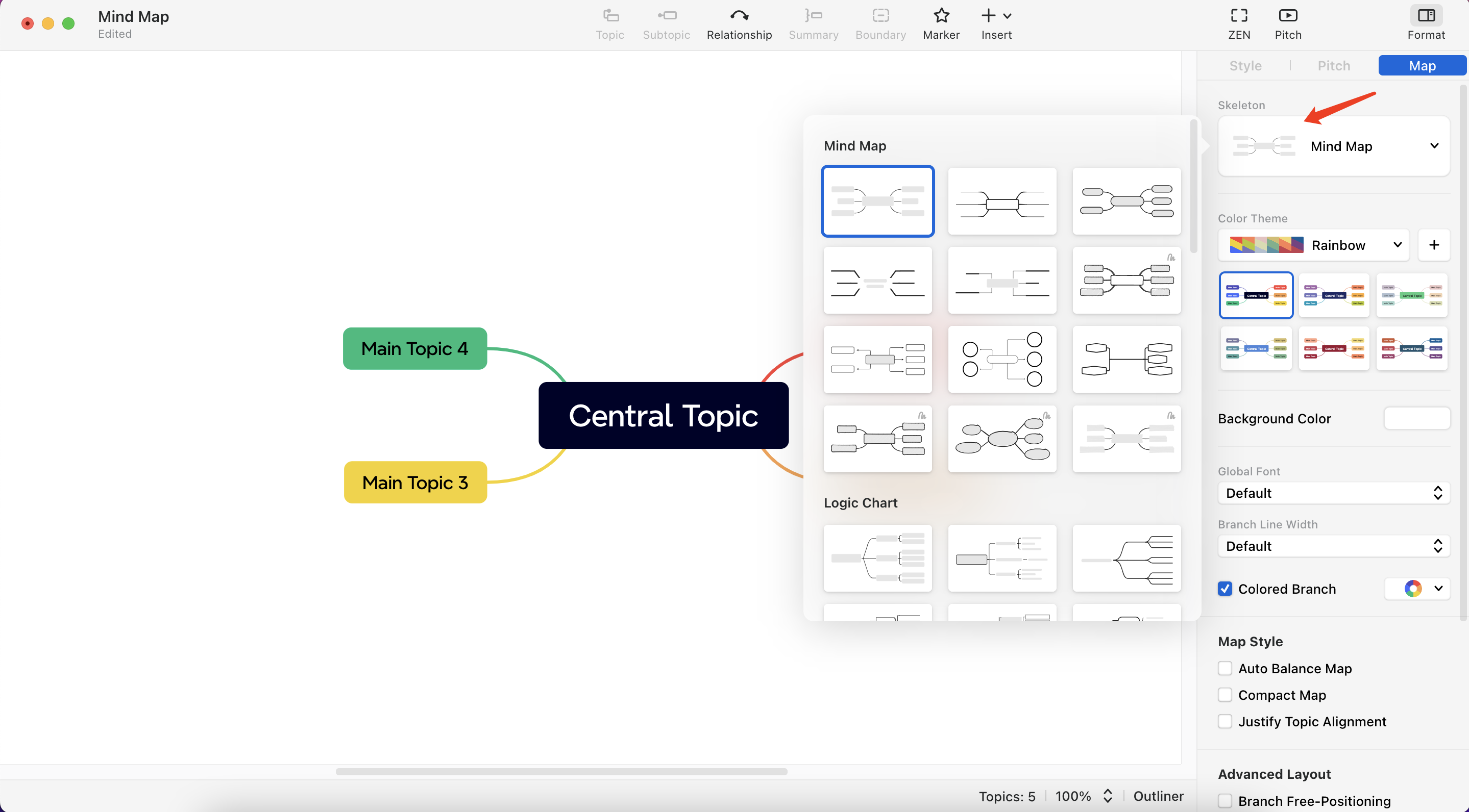 Mind map interface displaying a central topic with connected main topics and various style options on the side.