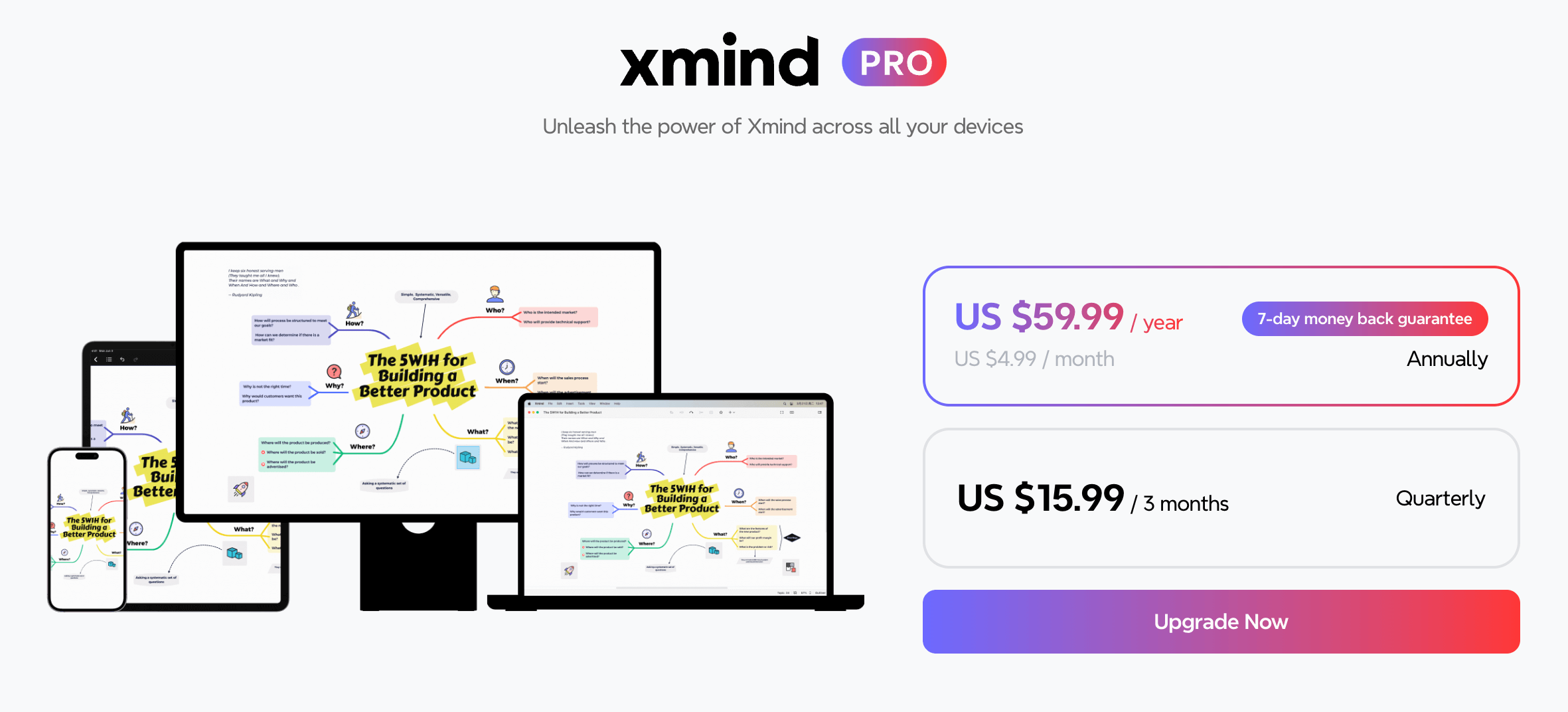 Mind map titled “The 5WH for Building a Better Product” displayed on multiple devices alongside subscription pricing for Xmind Pro.