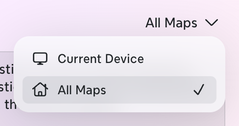 Le menu d’emplacement d’enregistrement dans la fenêtre Créer avec l’IA dans Xmind sur Mac, montrant Toutes les cartes et Appareil actuel.