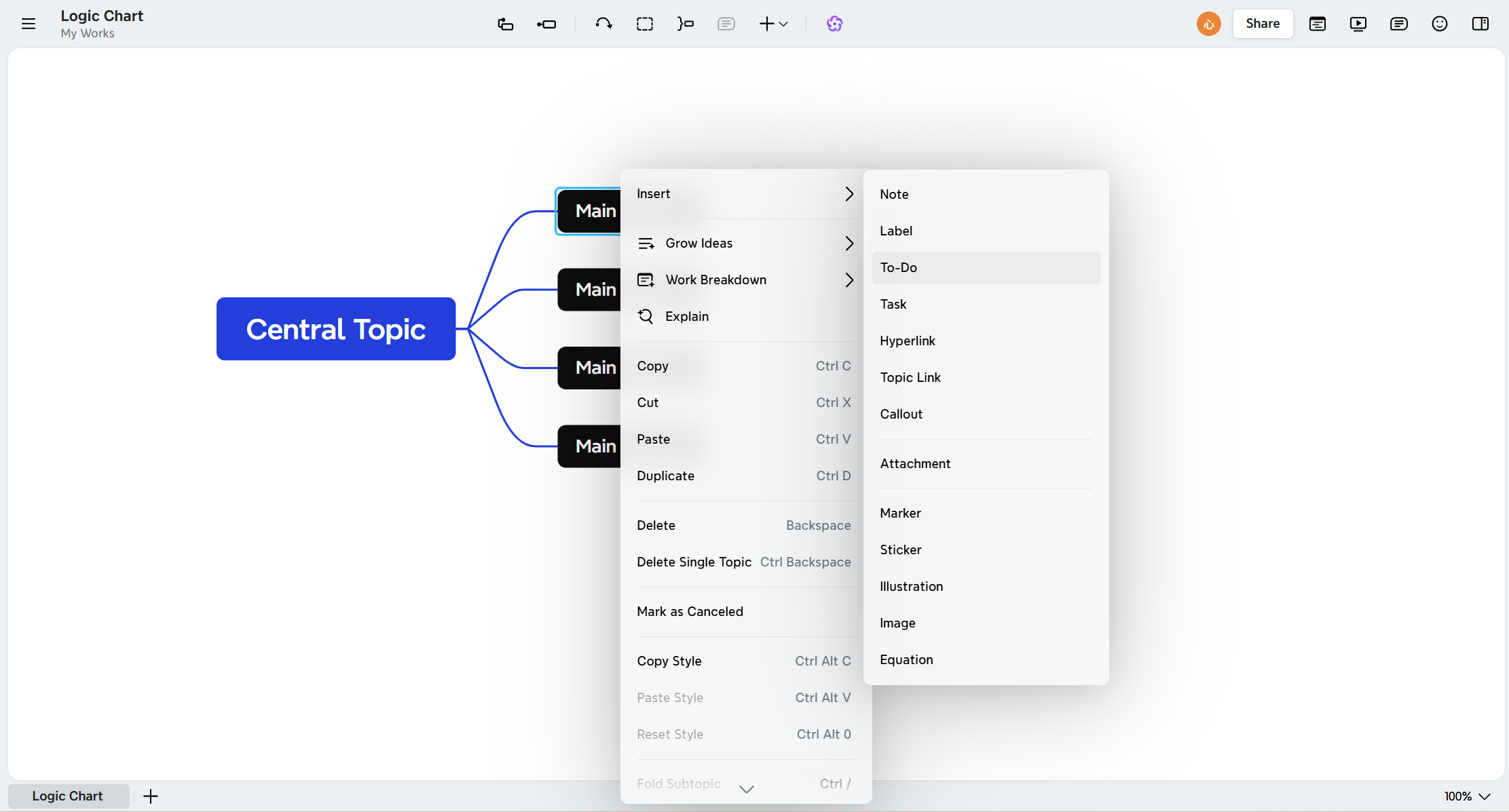 Xmind To-Do feature menu interface displayed