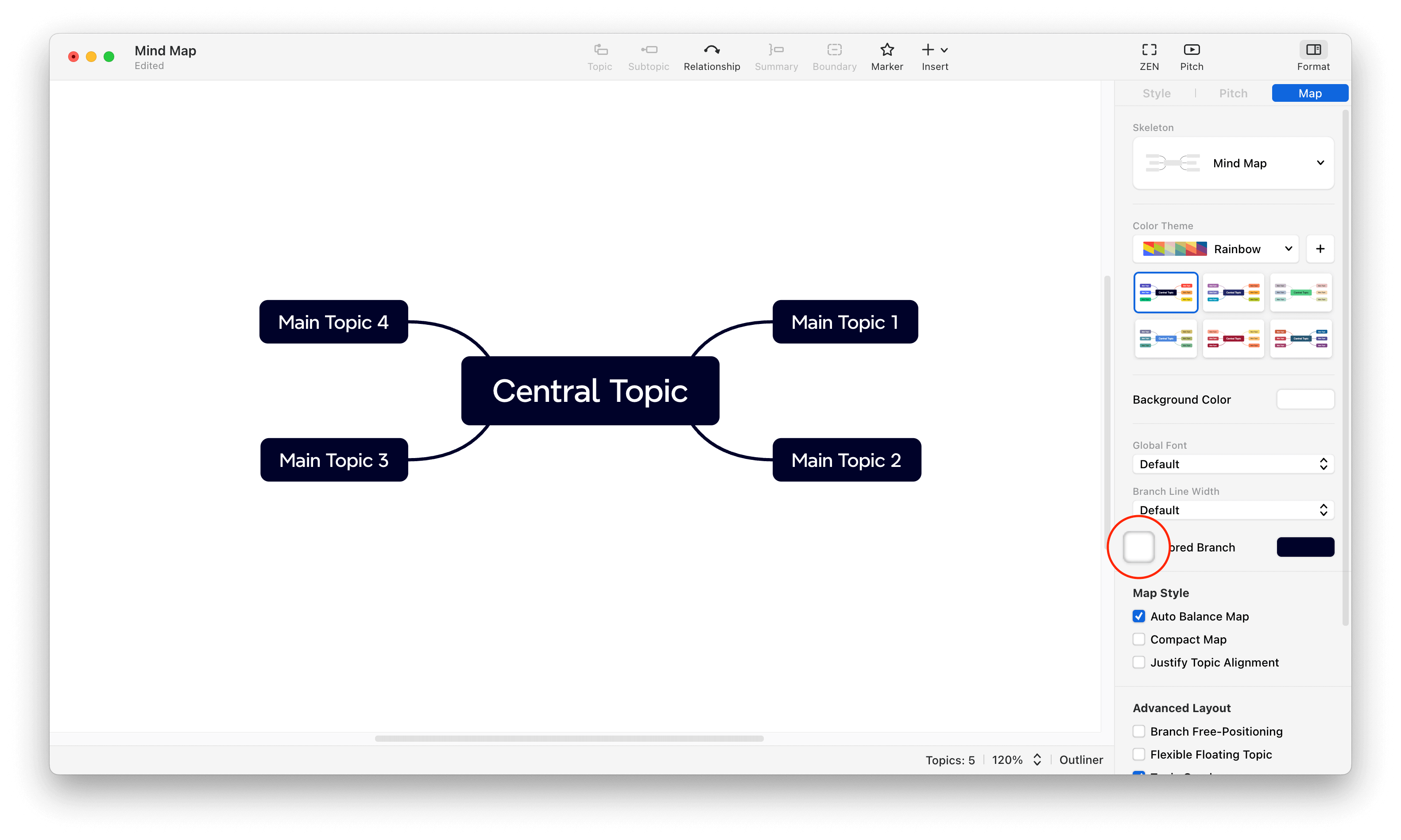 Mind map layout featuring a central topic connected to four main topics.