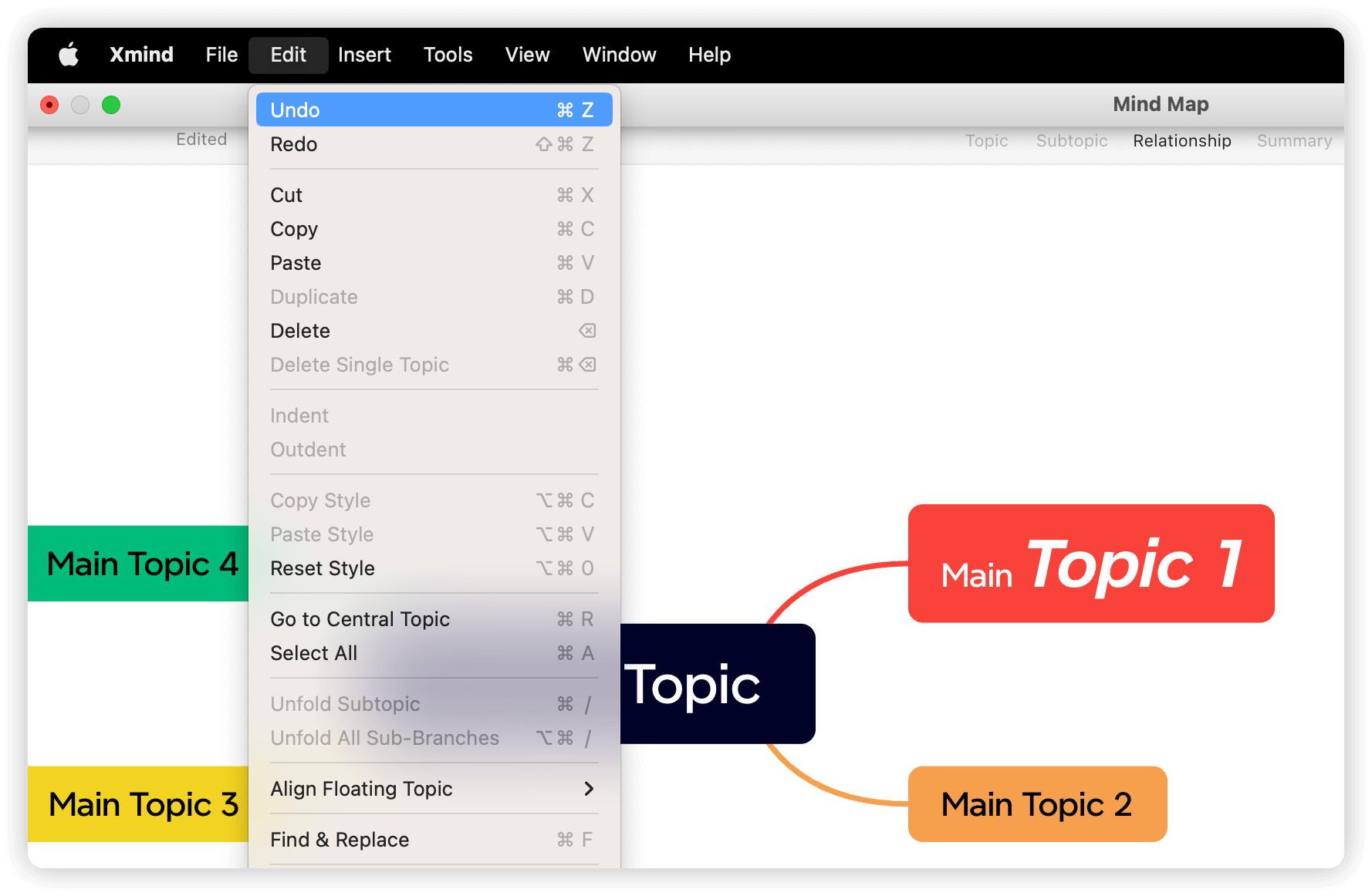 Menu bar from Xmind software displaying editing options alongside a mind map with topics.