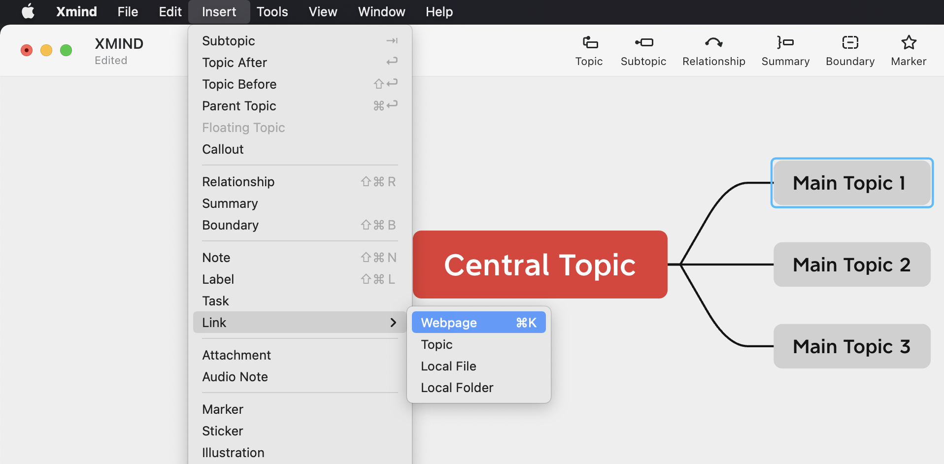 Xmind interface showing the Insert menu with options like Subtopic, Link, and a mind map with a central topic.