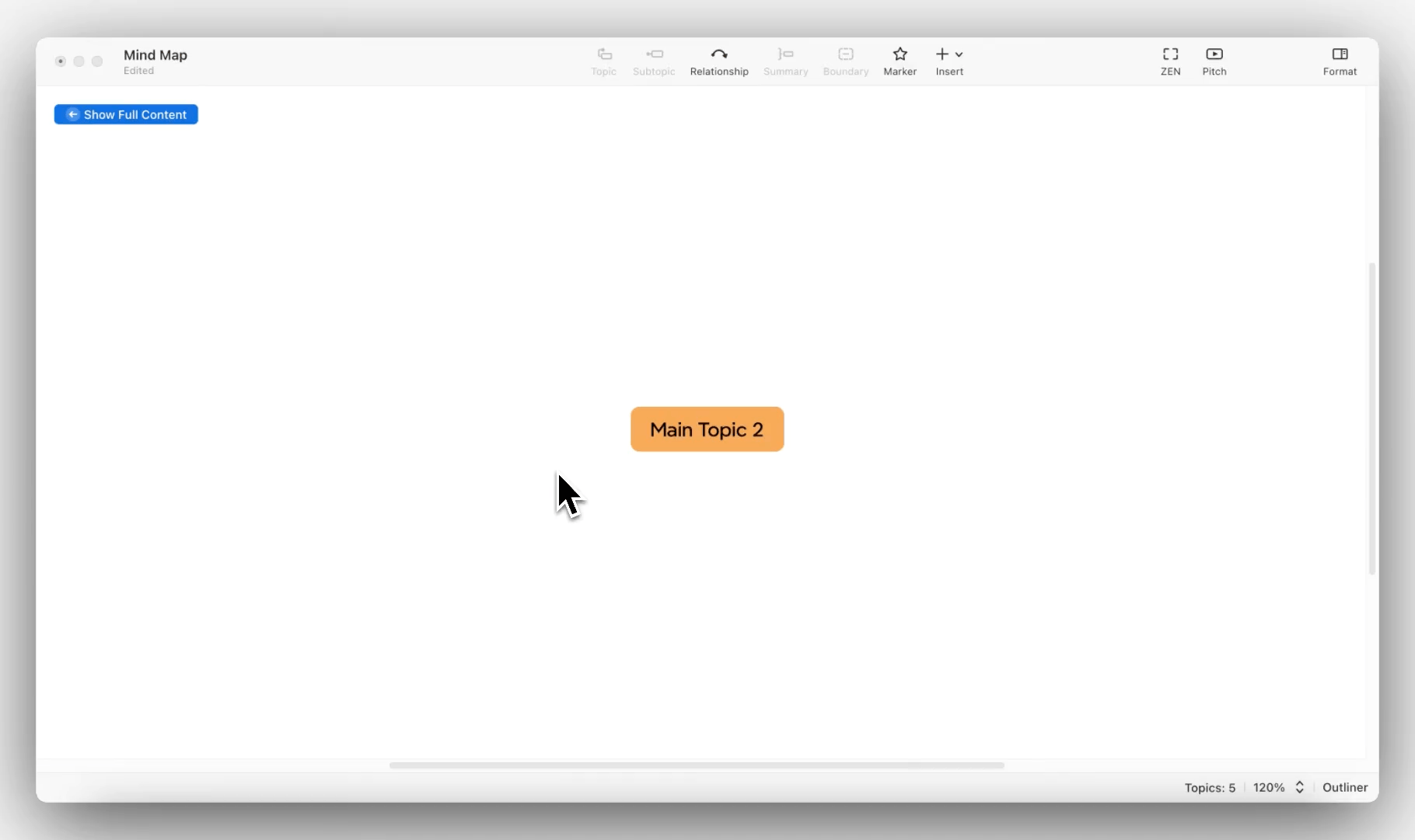 Mind map interface displaying “Main Topic 2” in an orange box with a cursor hovering over it.