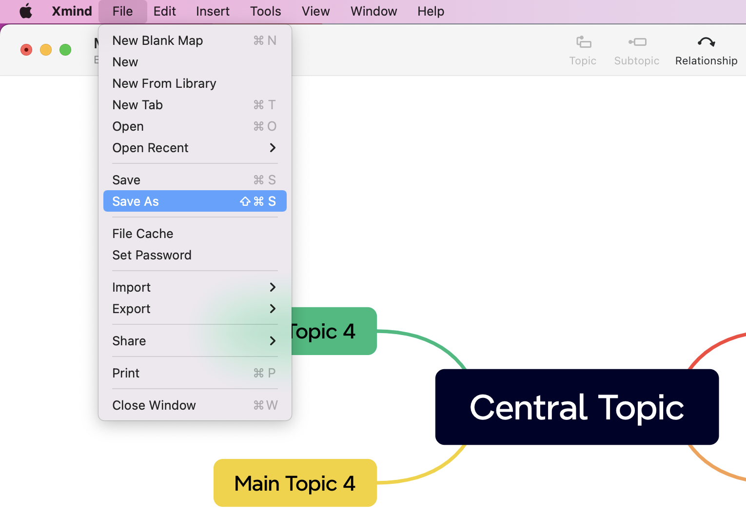 Menu options from Xmind software with “Save As” highlighted and a mind map displaying a central topic and subtopics.