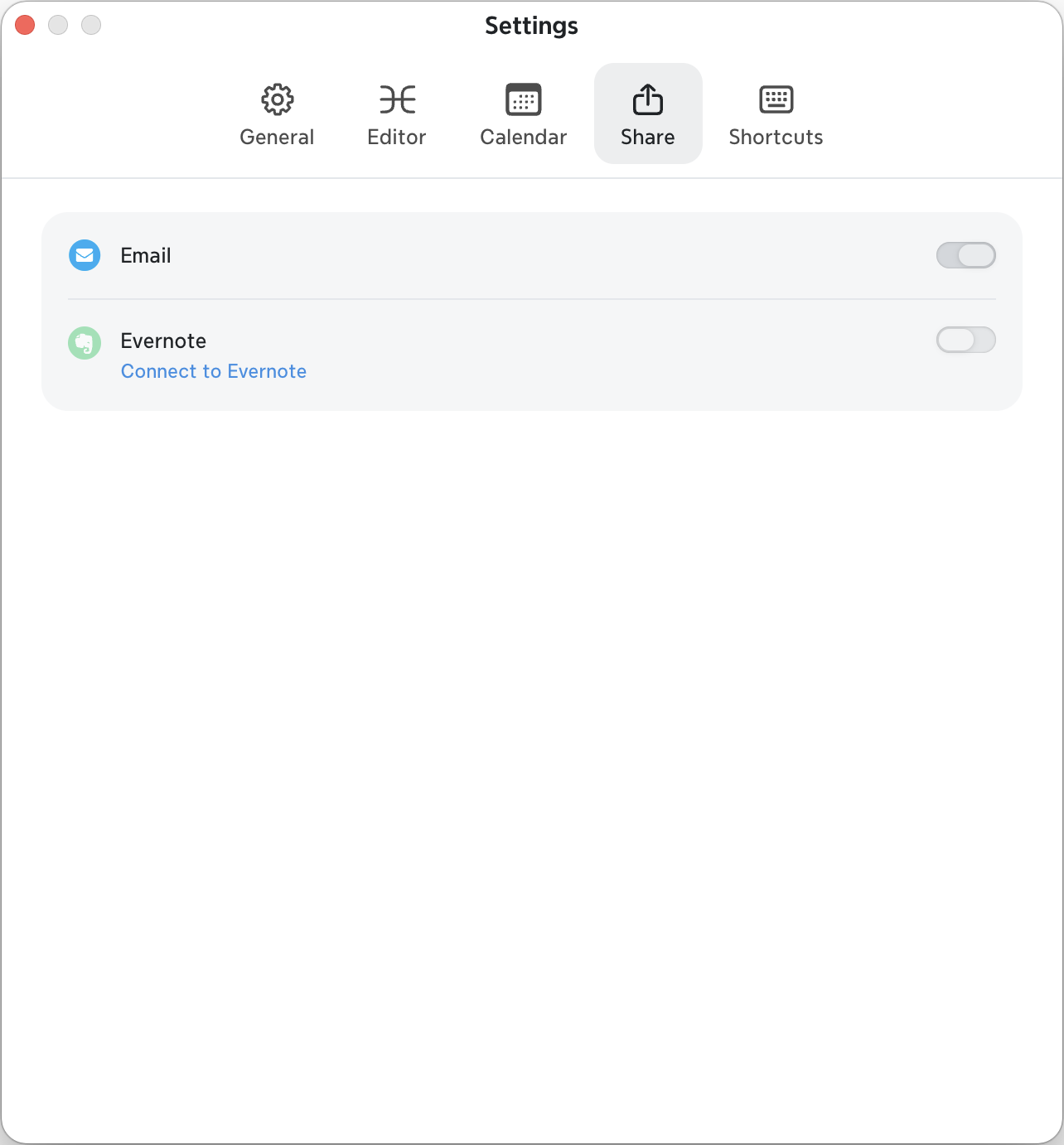 Xmind-Share-Einstellungen für das E-Mail-Teilen und die Evernote-Verbindung.