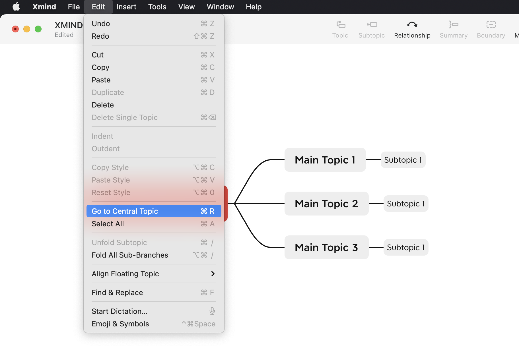Menu options from Xmind software displayed on screen, highlighting the “Go to Central Topic” command.