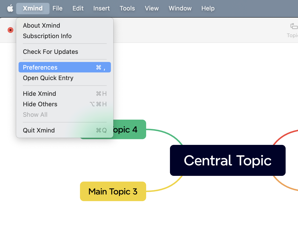 Menu des préférences de Xmind sur l’interface Mac