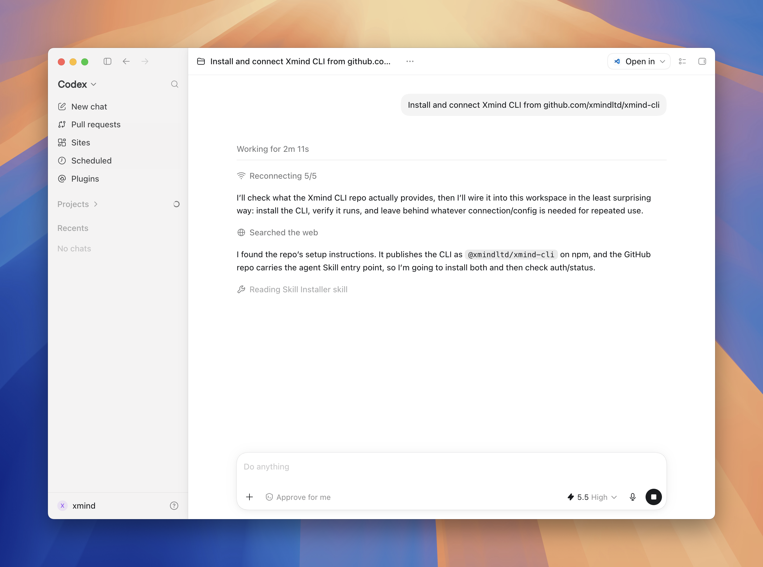 Codex cài đặt và kết nối Xmind CLI để tạo tệp Xmind có thể chỉnh sửa