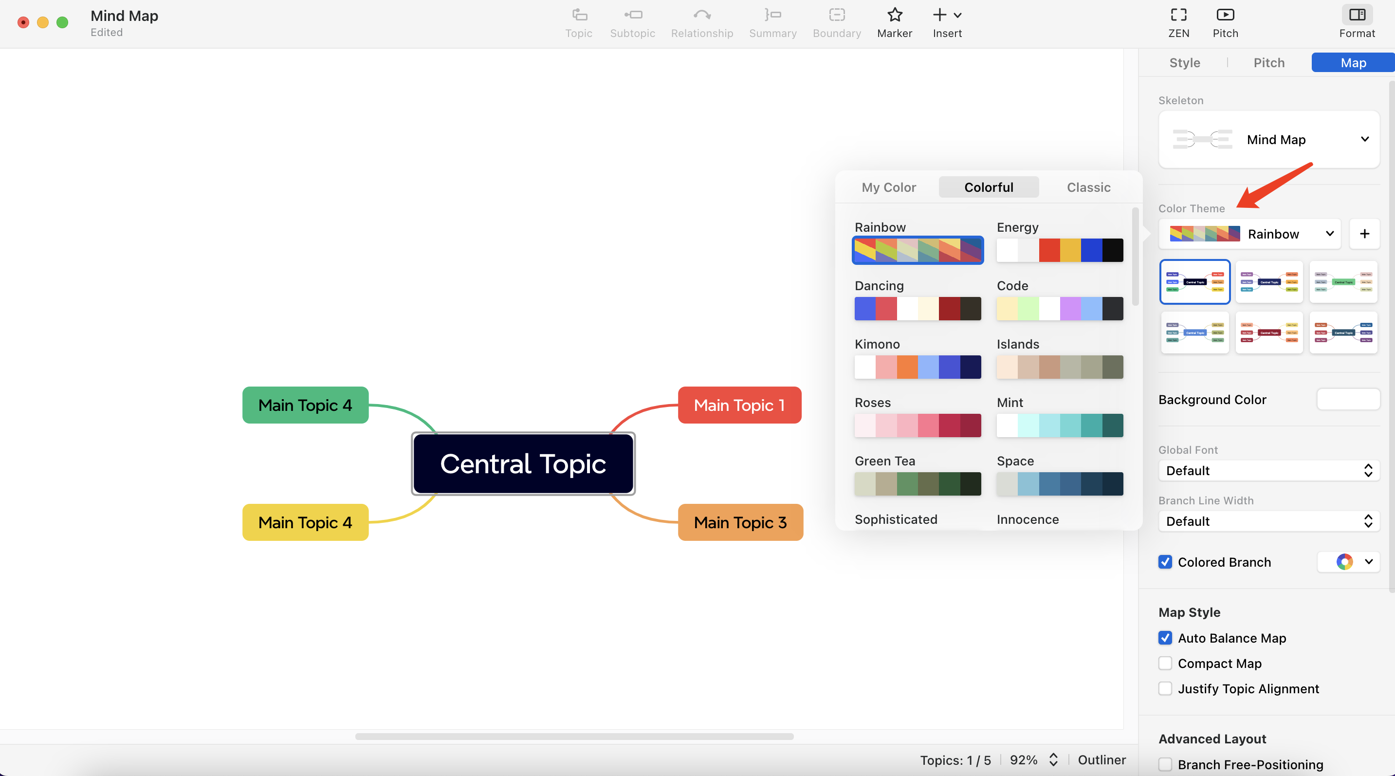 Mind map layout featuring a central topic connected to four main topics, with a color theme selection panel on the right.