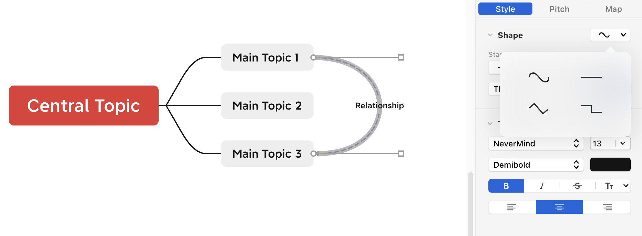Carte heuristique avec un sujet central, trois sujets principaux et une connexion de relation étiquetée.