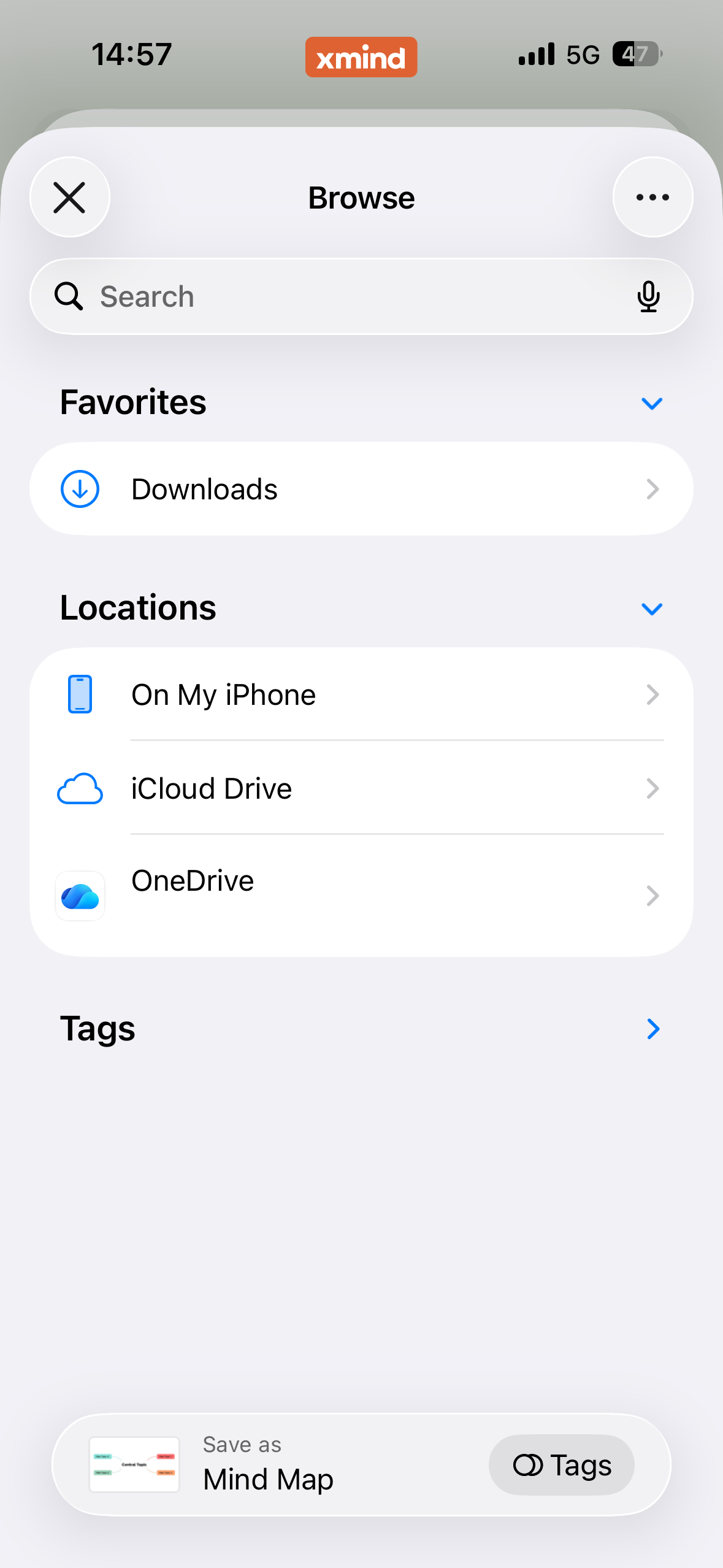 場所、お気に入り、タグが表示されたXmindアプリのインターフェース。OneDriveがハイライトされています。