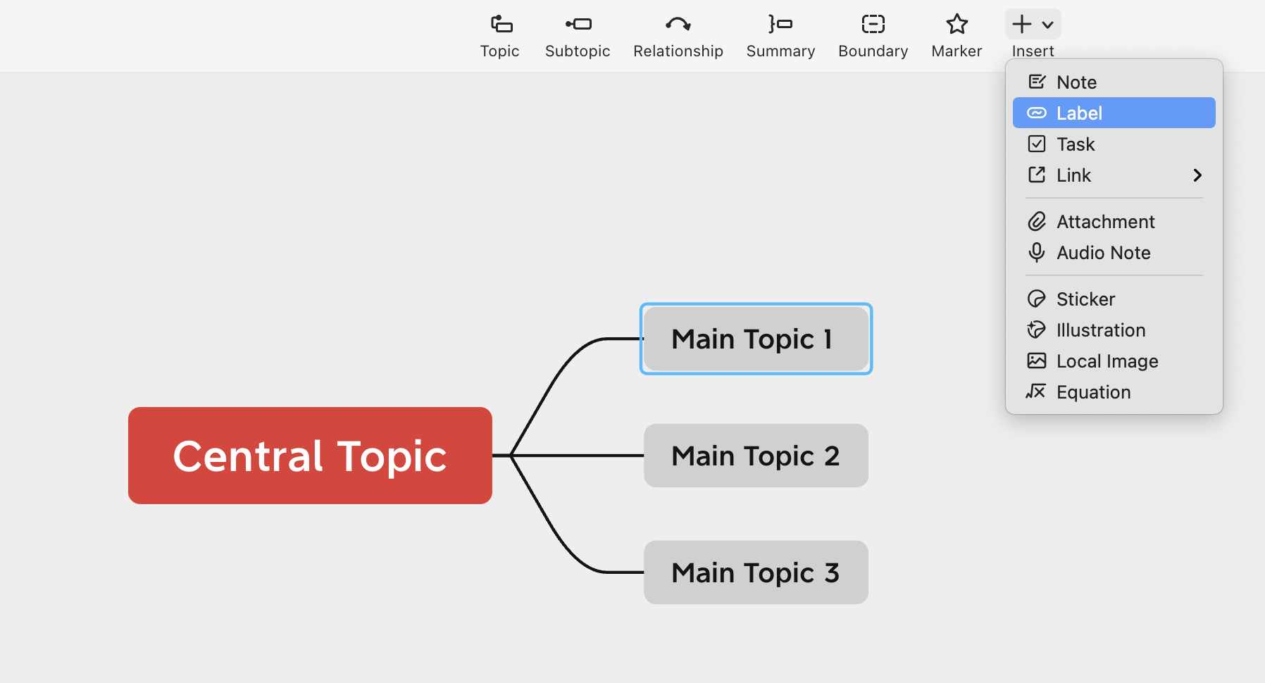 Mind map with a central topic labeled “Central Topic” and three branches for “Main Topic 1,” “Main Topic 2,” and “Main Topic 3.